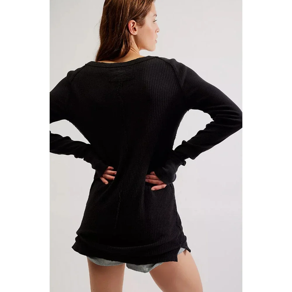 Free People Care Honey B Women Top Small Black Thermal Knit Boho Minimal Granola